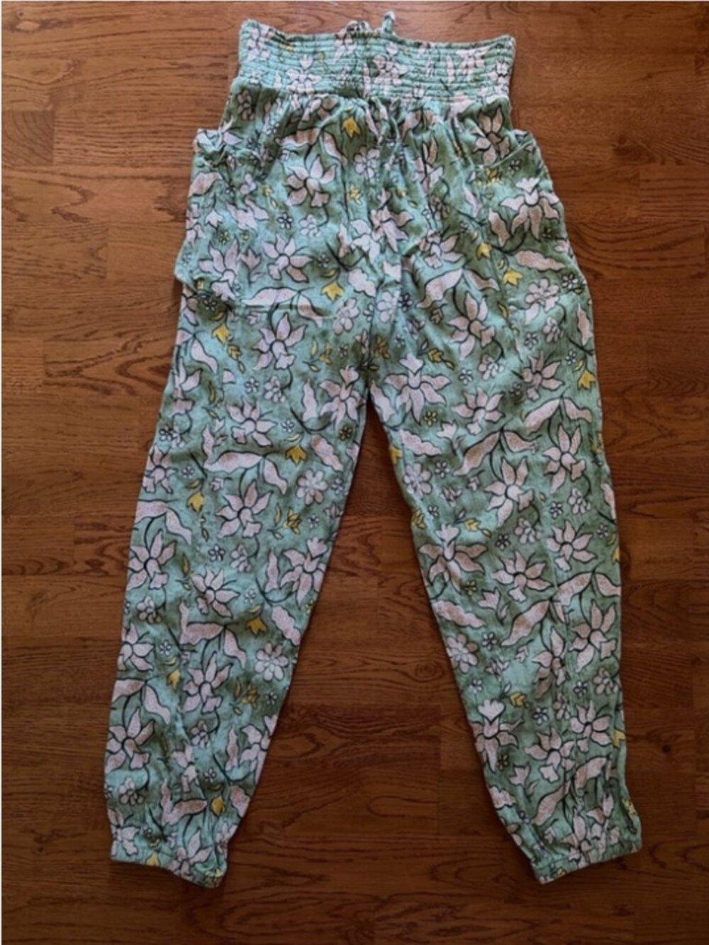 Aerie Smocked Gauzy Beach Pants S Green Floral Print High Waisted Jogger Pockets - Picture 5 of 6